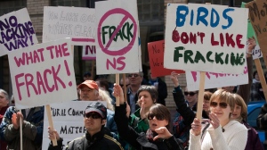 Protesters gather outside the Nova Scotia legislature in Halifax to show their opposition to the use of hydraulic fracturing or fracking, on Friday, April 22, 2011. (Andrew Vaughan / THE CANADIAN PRESS)