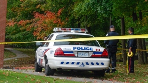 Police tape blocks off the scene of a shooting at the School of Experiential Education in Toronto, Monday, Oct. 6, 2014. (John Hanley / CTV Toronto)