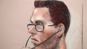 Luka Rocco Magnotta is shown in an artist's sketch in a Montreal court on March 13, 2013. (Mike McLaughlin / THE CANADIAN PRESS)