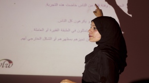 Alaa Murabit is shown in an undated handout photo conducting a Noor Seminar in Benghazi. (The Voice of Libyan Women / THE CANADIAN PRESS)