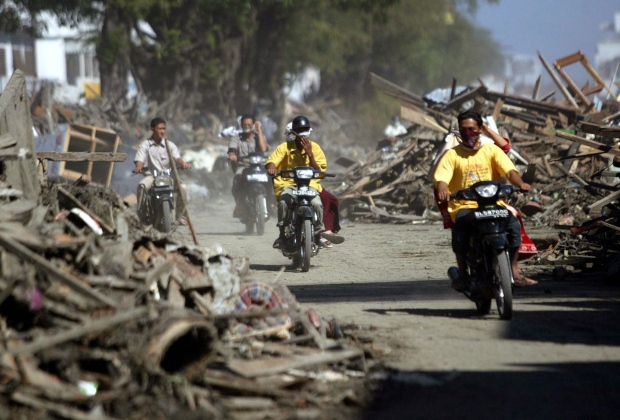 Tsunami debris on a street, Banda Aceh, 2004