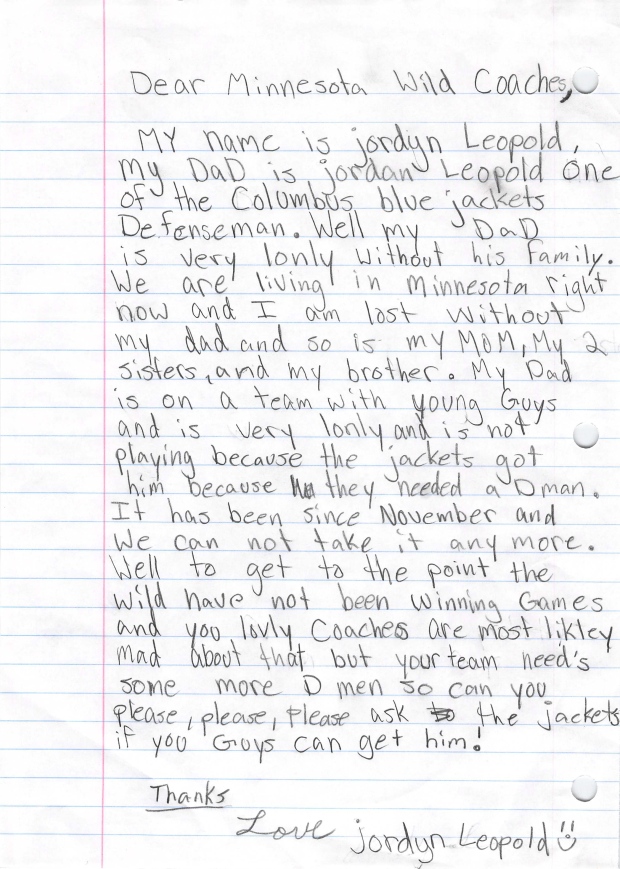 Jordyn Leopold letter to Minnesota Wild