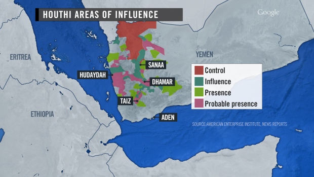 Areas of Houthi influence in Yemen