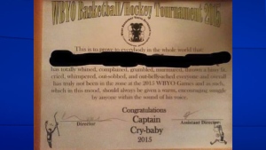 An image of the 'Captain Cry Baby' award (Facebook)