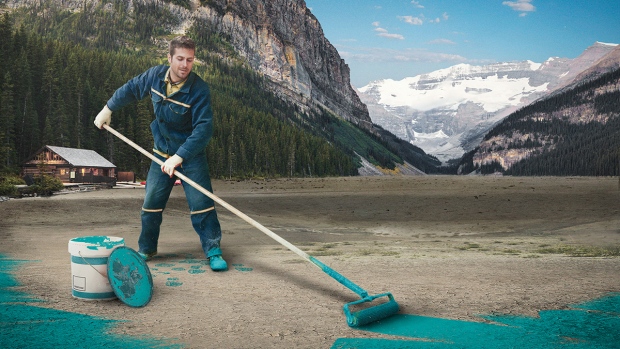 Travel Alberta fake ad on painting Lake Louise