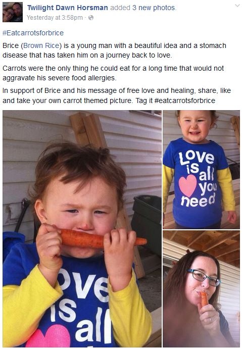 Facebook photo with hashtag #EatCarrotsForBrice