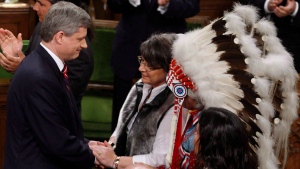 Inuit leader Mary Simon shakes hands with Canadian Prime Minister Stephen Harper, as Assembly of First Nations Chief Phil Fontaine watches in Ottawa, on June 11, 2008. (THE CANADIAN PRESS/Fred Chartrand)