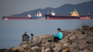 People sit on the shore at Sunset Beach after bunker fuel leaked from the bulk carrier cargo ship Marathassa, upper right, anchored on Burrard Inlet in Vancouver, B.C., on Thursday, April 9, 2015. (THE CANADIAN PRESS/Darryl Dyck)