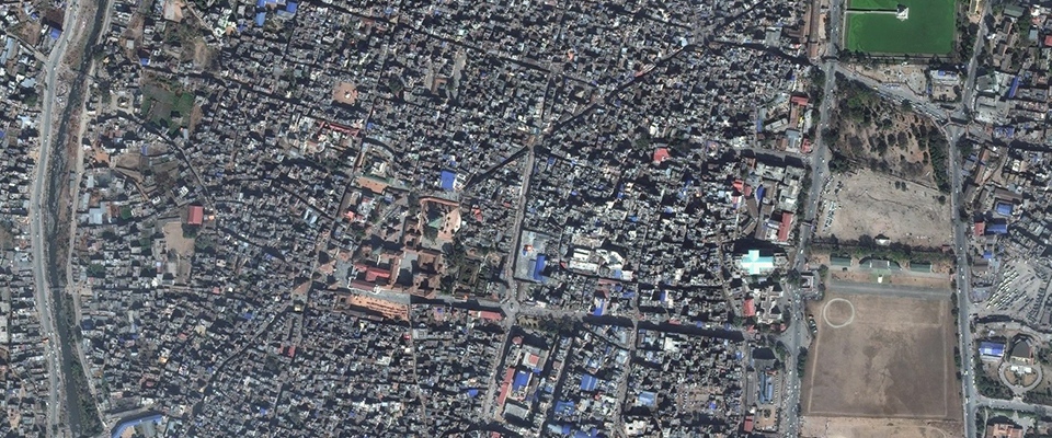 Kathmandu area with Durbar Square in the centre, satellite image taken in 2013, DigitalGlobe