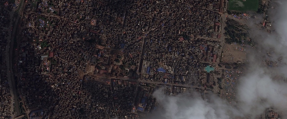 Kathmandu area with Durbar Square in the centre, satellite image taken in April 2015, DigitalGlobe