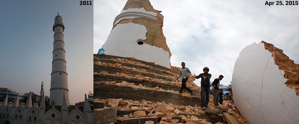  Before and after photos of Nepal's historic Dharahara Tower (Geoff Stearns, Flickr, CC BY 2.0 and AP)