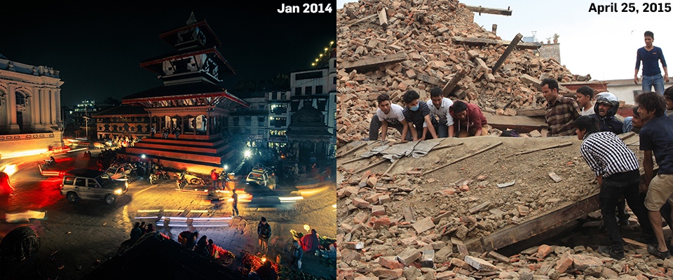 Hanumandhoka Durbar Square as it stood in January 2014 (Esmar Abdul Hamid, Flickr, CC BY 2.0). On the right, people try to lift debris from the temple after the earthquake on Saturday, April 25, 2015 (Sunil Sharma/Xinhua via AP).