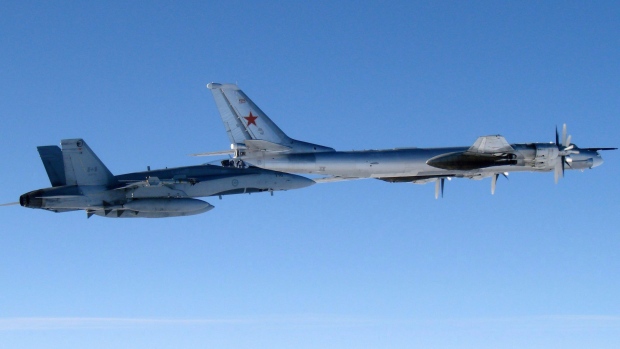 Canadian Air Force jet escorting a Russian bomber