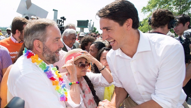 Trudeau and Mulcair at Montreal gay pride