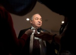 Northwest Territories Premier Bob McLeod, Chair of the National Roundtable on Missing and Murdered Indigenous Women and Girls, speaks to reporters during a break in proceedings, in Ottawa on Feb. 27, 2015.  (Justin Tang / THE CANADIAN PRESS)