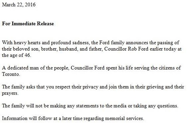 Statement on Rob Ford's death