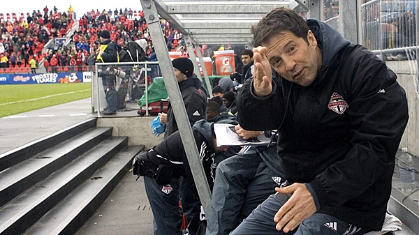 Toronto FC's head coach Predrag (Preki) Radosavljevic gestures as he sits on the bench ahead of his team's MLS match against Chicago Fire in Toronto on Saturday, May 8, 2010.(THE CANADIAN PRESS/Chris Young)