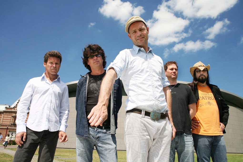 FILE - Members of The Tragically Hip (left to right) Gord Sinclair, Paul Langlois, Gord Downie, Johnny Fay and Rob Baker are shown in a handout photo. (THE CANADIAN PRESS/HO-Clemens Rikken)
