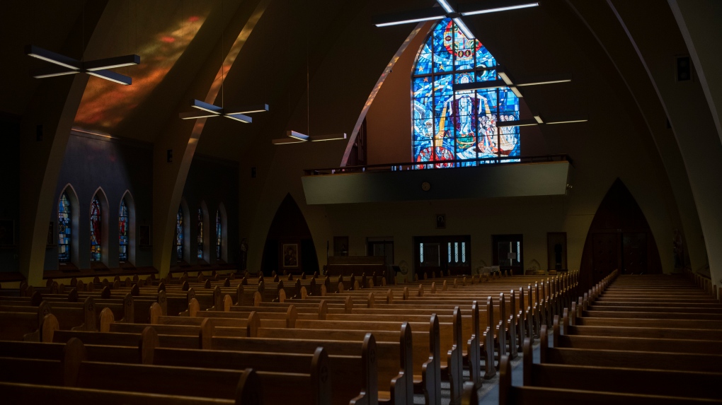 The pews at St. Mary's Parish Catholic church are empty shortly before the Easter Vigil mass on Saturday, April 11, 2020. THE CANADIAN PRESS/Justin Tang 
