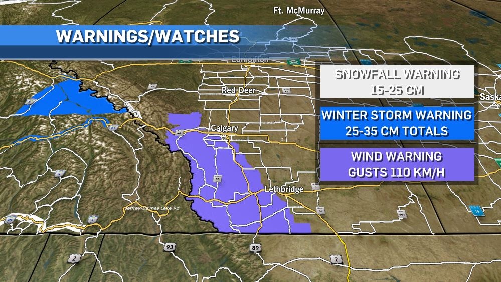 Salju diperkirakan akan turun di pegunungan saat angin bertiup di selatan Alberta