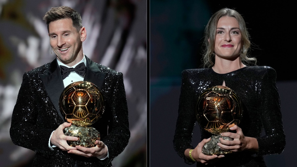 Lionel Messi, left, and Alexia Putellas, right, hold the Ballon d'Or trophy in this composite image. (AP Photo/Christophe Ena) 