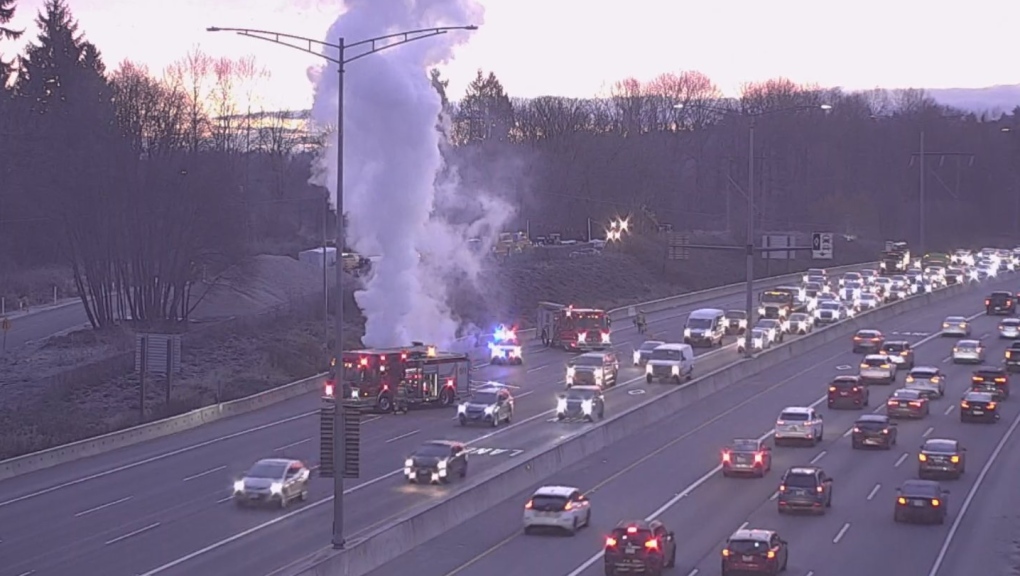 Vehicle fire leads to traffic disruption on Highway 1 during morning commute