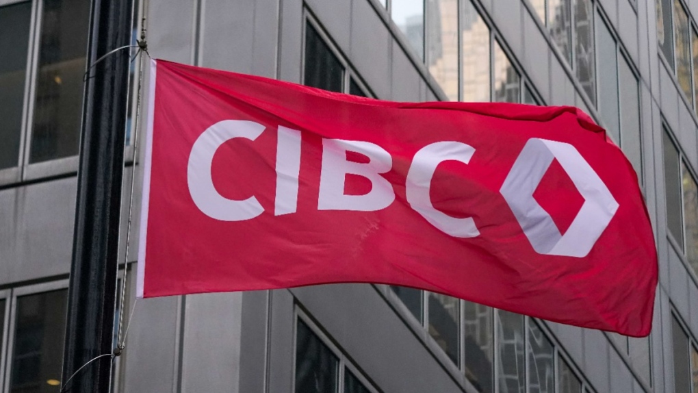 The new CIBC logo on a flag at its headquarters in Toronto on Oct. 25, 2021. (Evan Buhler / THE CANADIAN PRESS)