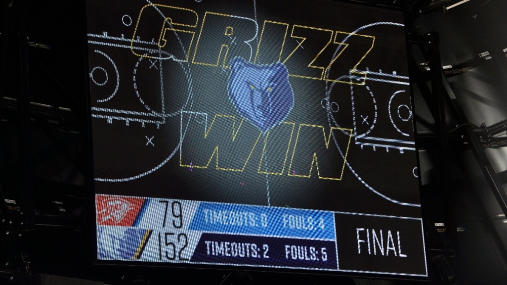 The final score of an NBA basketball game between the Oklahoma City Thunder and the Memphis Grizzlies, on Dec. 2, 2021. (Brandon Dill / AP) 
