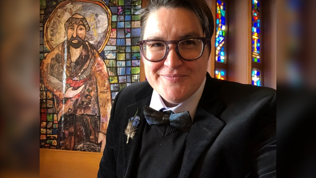 This April 2021 selfie photo shows the Rev. Megan Rohrer, at the Grace Lutheran Church in San Francisco. Rohrer was elected bishop of the Evangelical Lutheran Church in America's Sierra Pacific synod on Saturday, May 8, 2021, becoming the first transgender person to serve as bishop in the denomination or in any of the U.S.' major Christian faiths. (Meghan Rohrer via AP)