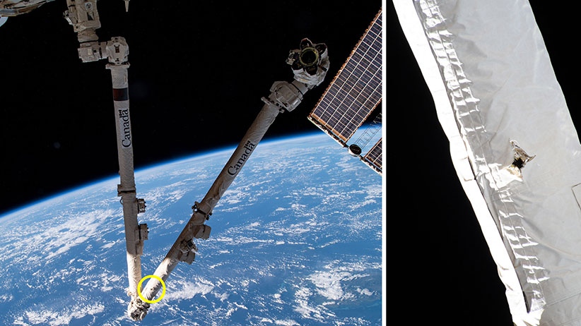 The Canadarm2, the Canadian-made robotic arm used on the International Space Station, suffered “limited” damage after it was hit by space debris last month. (NASA/Canadian Space Agency)