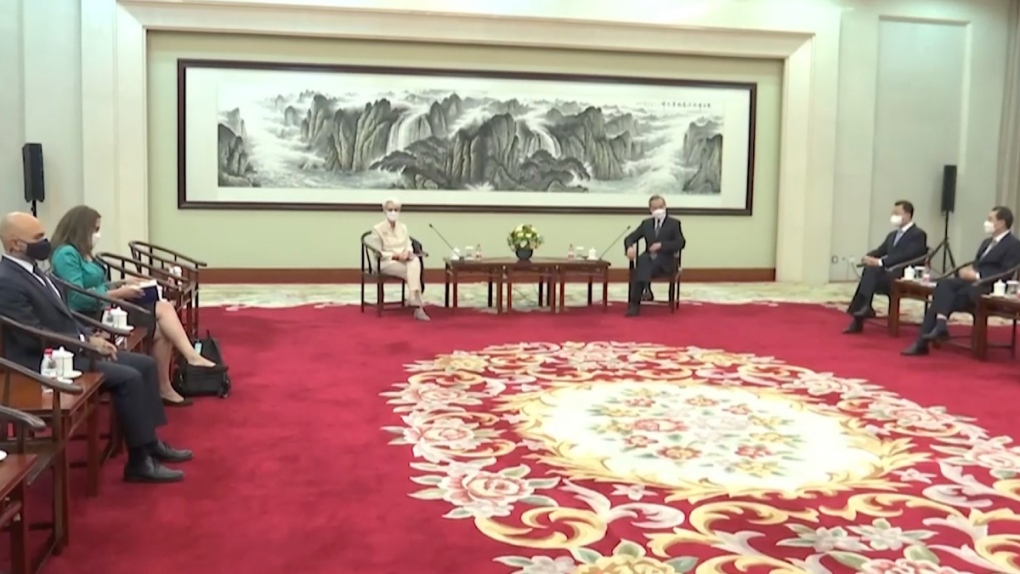U.S. Deputy Secretary of State Wendy Sherman, centre left, meets with Chinese Foreign Minister Wang Yi at the Tianjin Binhai No. 1 Hotel in the Tianjin municipality in China, on July 26, 2021.  (Phoenix TV via AP Video) 