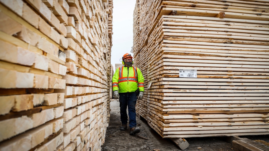 FILE - Darcy Elliott, shipping supervisor at Spray Lake Sawmills, inspects lumber at the facility in Cochrane, Alta., Thursday, May 20, 2021.THE CANADIAN PRESS/Jeff McIntosh 