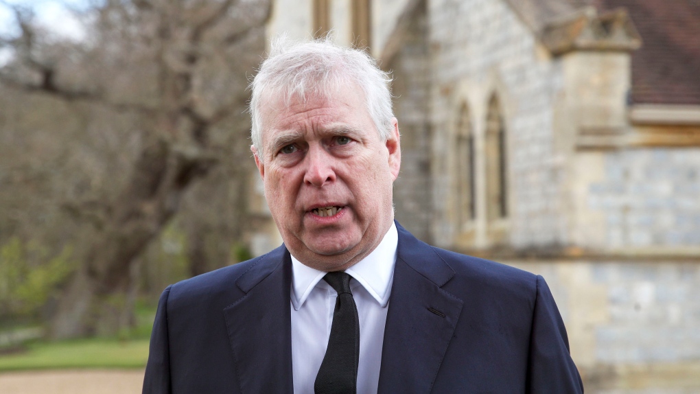 Britain's Prince Andrew during a television interview at the Royal Chapel of All Saints at Royal Lodge, Windsor, following the announcement of Prince Philip, in England, Sunday, April 11, 2021. (Steve Parsons/Pool Photo via AP) 