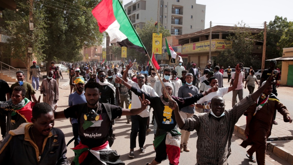 People march at a protest in Khartoum, Sudan, on Jan. 17, 2022. (Marwan Ali / AP) 