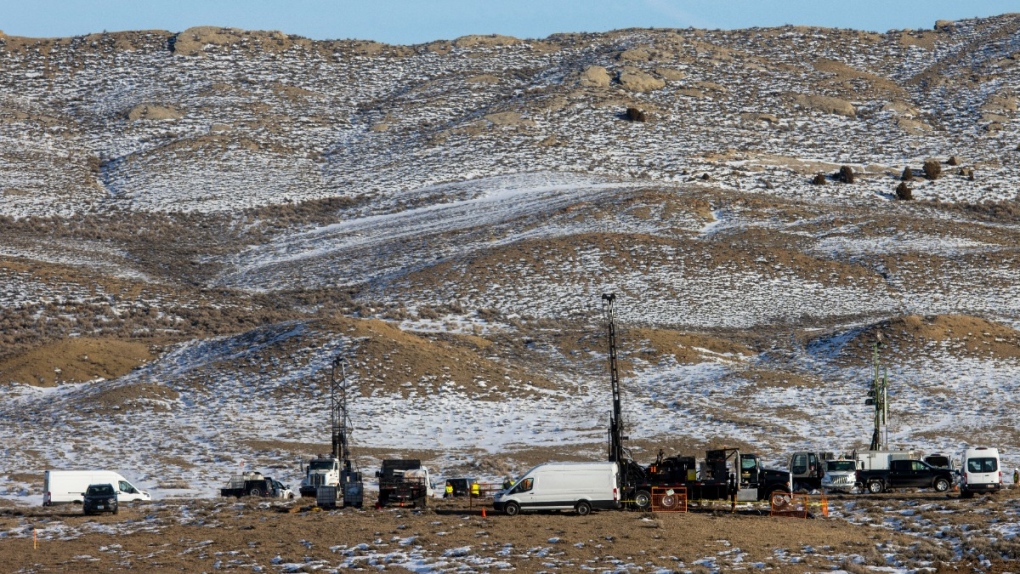Geological testing takes place on the proposed site of a nuclear power plant south of the town of Kemmerer, Wyo., on Jan. 12, 2022. (Natalie Behring / AP) 