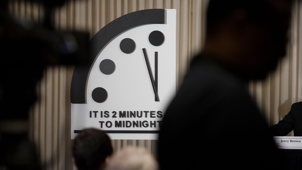 The Doomsday Clock has been ticking for exactly 75 years and the clock was set at 100 seconds until midnight -- the same time it has been since 2020. (Cliff Owen/AP)