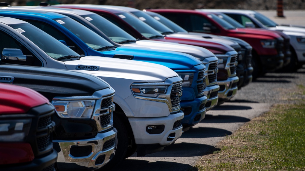 New Dodge Ram pickup trucks for sale are seen at an auto mall in Ottawa, on Monday, April 26, 2021. THE CANADIAN PRESS/Justin Tang 