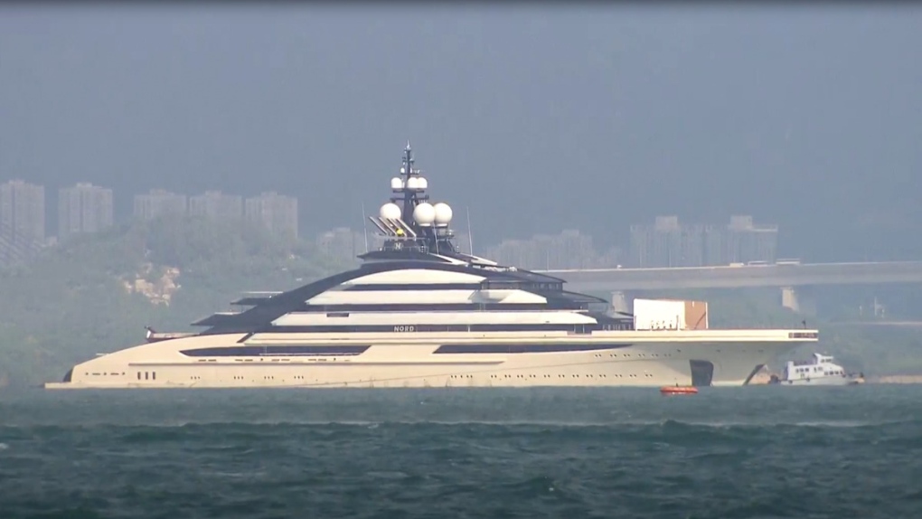 The megayacht Nord is seen off Hong Kong Island outside Victoria Harbour, on Oct. 7, 2022. (TVB via AP) 
