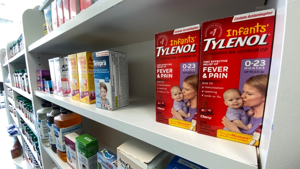 Children's pain relief medicine are seen at a Toronto pharmacy Wednesday, August 17, 2022. Two Ontario pediatric hospitals say they're facing shortages of common pain relievers amid supply disruptions in some parts of the country. THE CANADIAN PRESS/Joe O'Connal