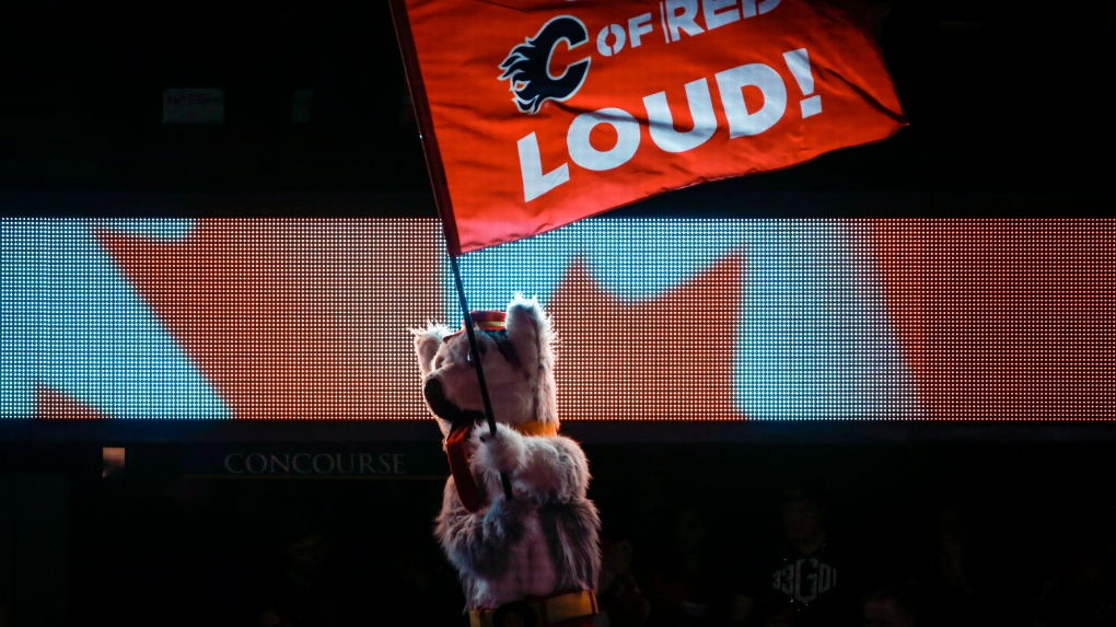 Anaheim Ducks mascot Wild Wing waves a flag before the game