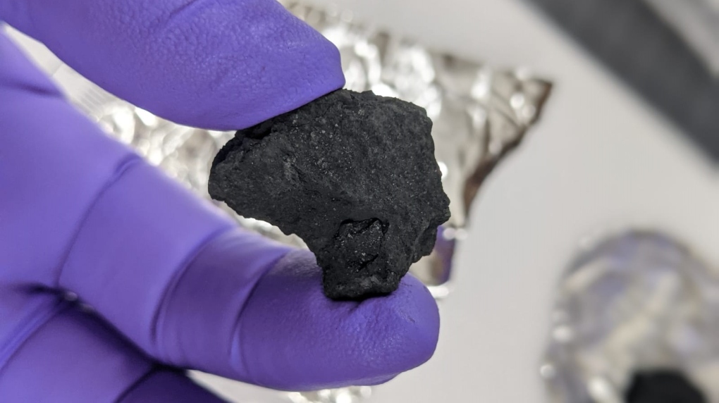 A fragment of the Winchcombe meteorite, which contains extraterrestrial water. (Trustees of the Natural History Museum)