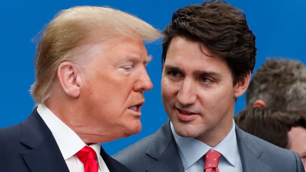 Then-U.S. President Donald Trump, left, and Canadian Prime Minister Justin Trudeau talk prior to a NATO round table meeting in Watford, Hertfordshire, England, Dec. 4, 2019. (AP Photo/Frank Augstein)