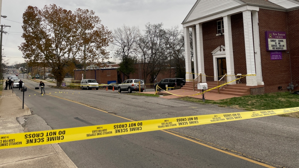 A crime scene is taped off at New Season Church in Nashville, Tenn., on Saturday, Nov. 26, 2022. Metro Nashville Police say two people suffered injuries that are not considered life-threatening in a drive-by shooting Saturday outside the church as people were departing funeral services for 19-old Terriana Johnson, who was fatally shot earlier in the month. (AP Photo/Jonathan Mattise)