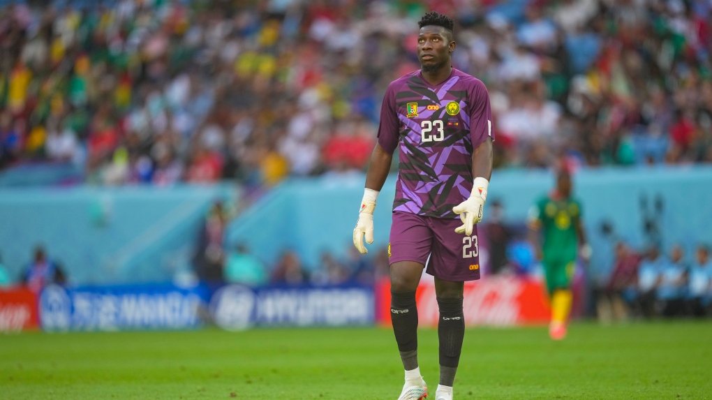 Andre Onana (Cameroon) looks on during the FIFA World Cup Qatar 2022 Group G match between Switzerland and Cameroon at Al Janoub Stadium on Nov. 24, 2022 in Al Wakrah, Qatar. (Photo by Ulrik Pedersen/DeFodi Images via Getty Images)