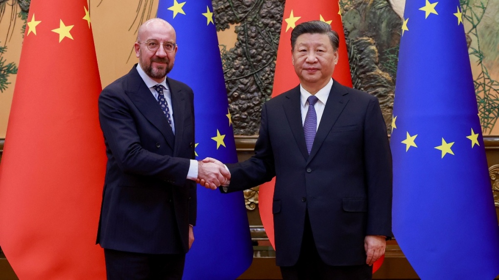 Chinese President Xi Jinping, right, shakes hands with European Council President Charles Michel before their meeting at the Great Hall of the People in Beijing, on Dec. 1, 2022. (Ding Lin / Xinhua via AP) 
