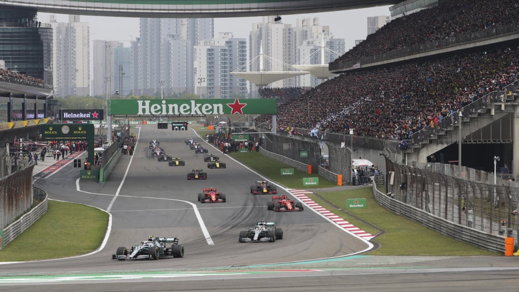 Drivers prepare for the start of the Chinese Formula One Grand Prix at the Shanghai International Circuit, Sunday, April 14, 2019, in Shanghai, China. Formula One confirmed Friday, Dec. 2, 2022 that the Chinese Grand Prix will not take place in 2023, making it the fourth year in a row the race has been canceled because of the coronavirus pandemic. (AP Photo/Ng Han Guan, File)