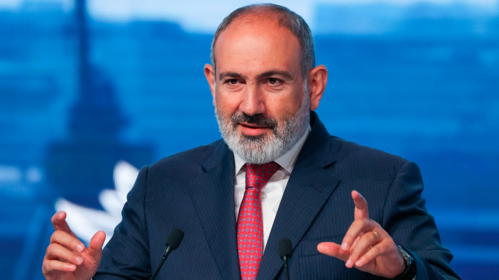 Armenian Prime Minister Nikol Pashinyan gestures while speaking during a plenary session at the Eastern Economic Forum in Vladivostok, Russia, Wednesday, Sept. 7, 2022. (Sergei Bobylev/TASS News Agency Host Pool Photo via AP)