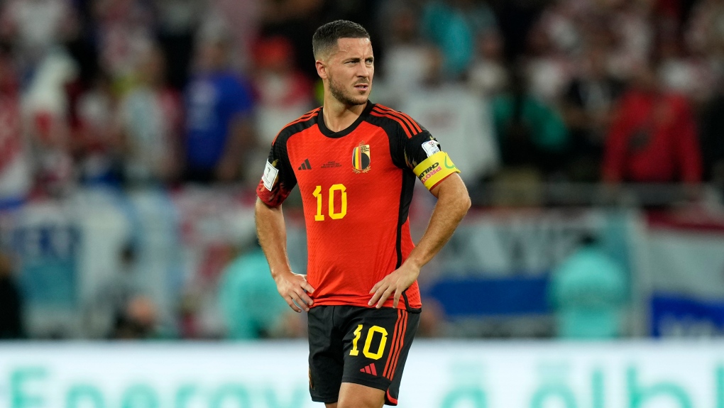 Belgium's Eden Hazard reacts at the end of the World Cup group F soccer match between Croatia and Belgium at the Ahmad Bin Ali Stadium in Al Rayyan, Qatar, Thursday, Dec. 1, 2022. (AP Photo/Francisco Seco)