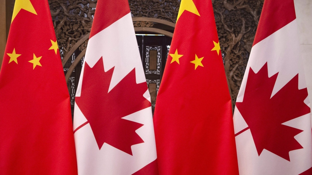 This Dec. 5, 2017, photo shows flags of Canada and China prior to a meeting of Canadian Prime Minister Justin Trudeau and Chinese President Xi Jinping at the Diaoyutai State Guesthouse in Beijing. THE CANADIAN PRESS/AP, Fred Dufour, Pool Photo&nbsp;