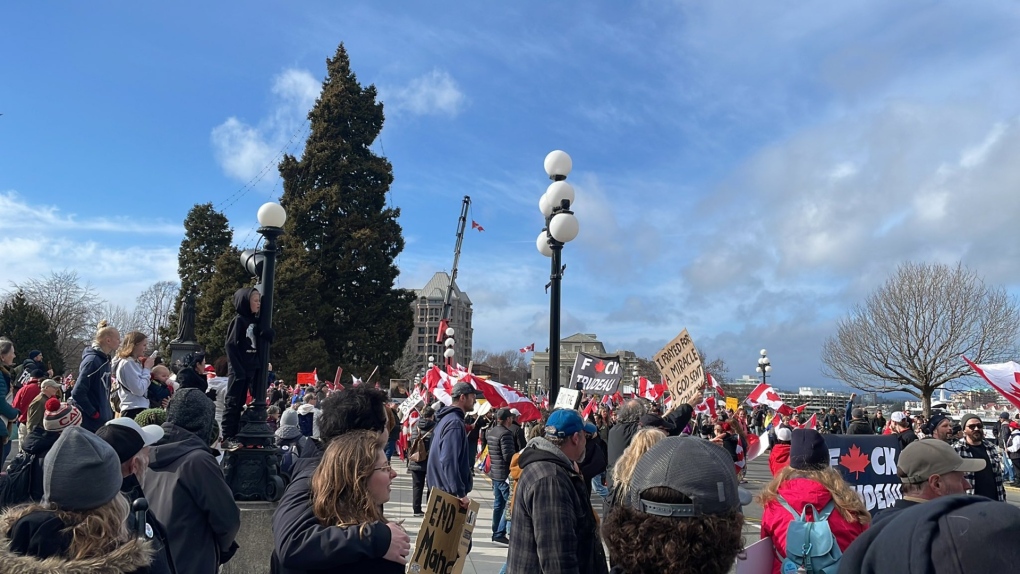 Protesters block street in front of B.C. legislature demanding end to COVID-19 restrictions